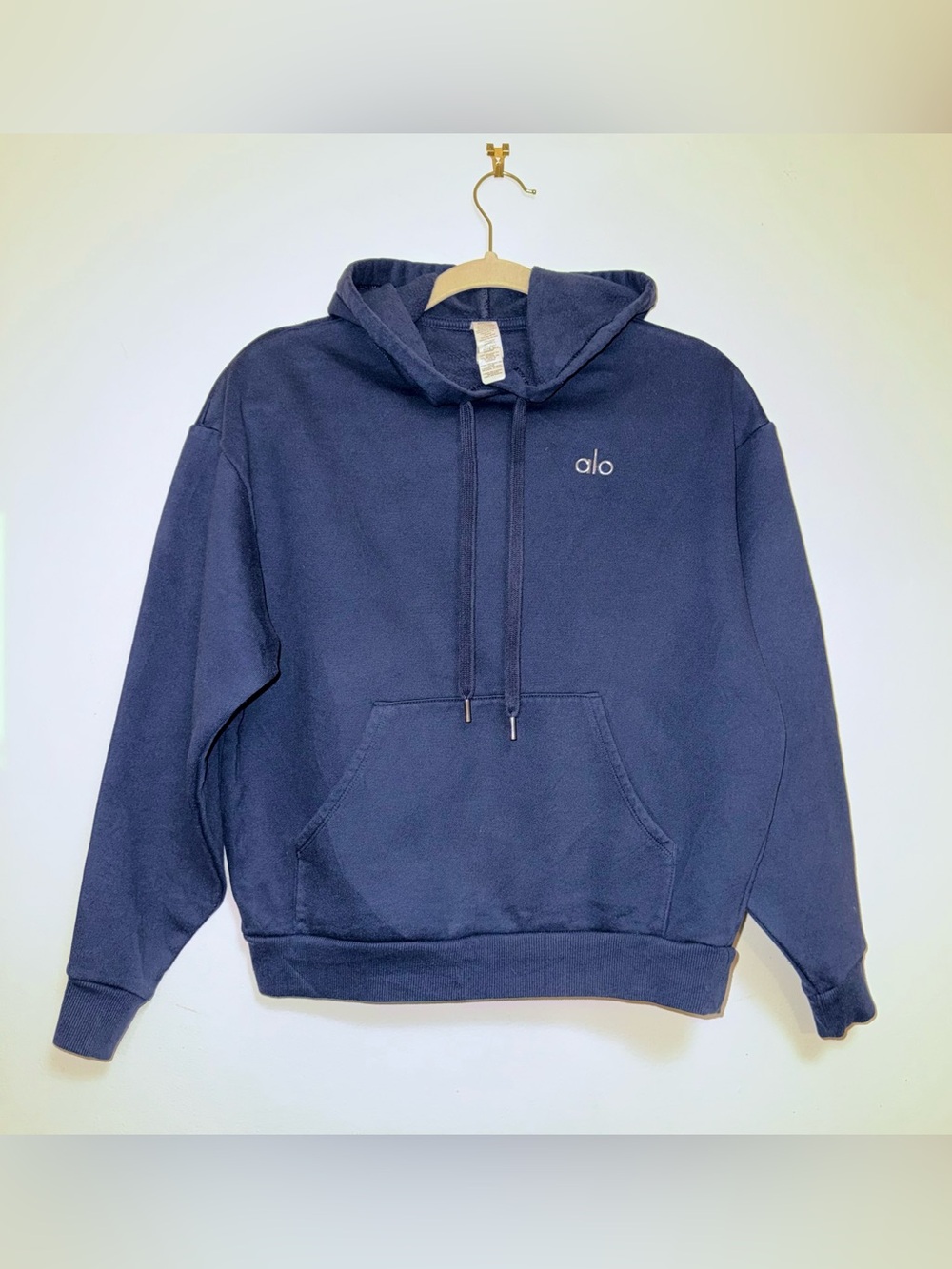 ALO Yoga XXS Navy Blue Pullover Hoodie Sweatshirt Logo Kangaroo Pocket